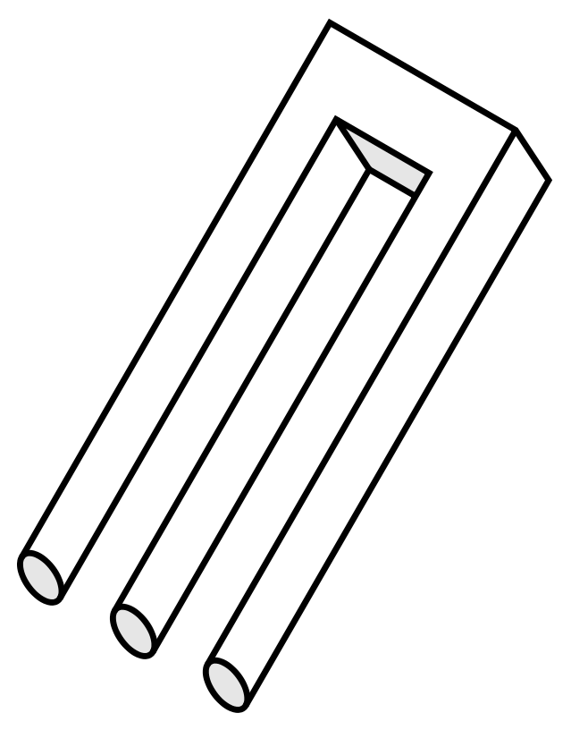 An undecipherable figure, appearing to have three prongs at one end which then somehow transform into two rectangular prongs at the other end. 